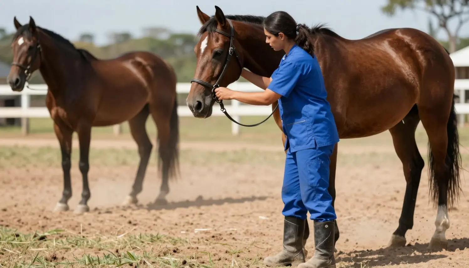 Veterinária da Seapi inspeciona a saúde de um cavalo durante a Cavalgada do Mar, garantindo o bem-estar animal.