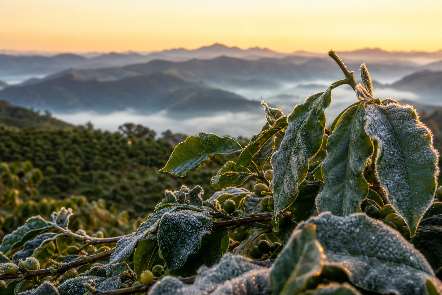 Lavoura de cafe com geada na Serra da Mantiqueira durante frio polar no Brasil