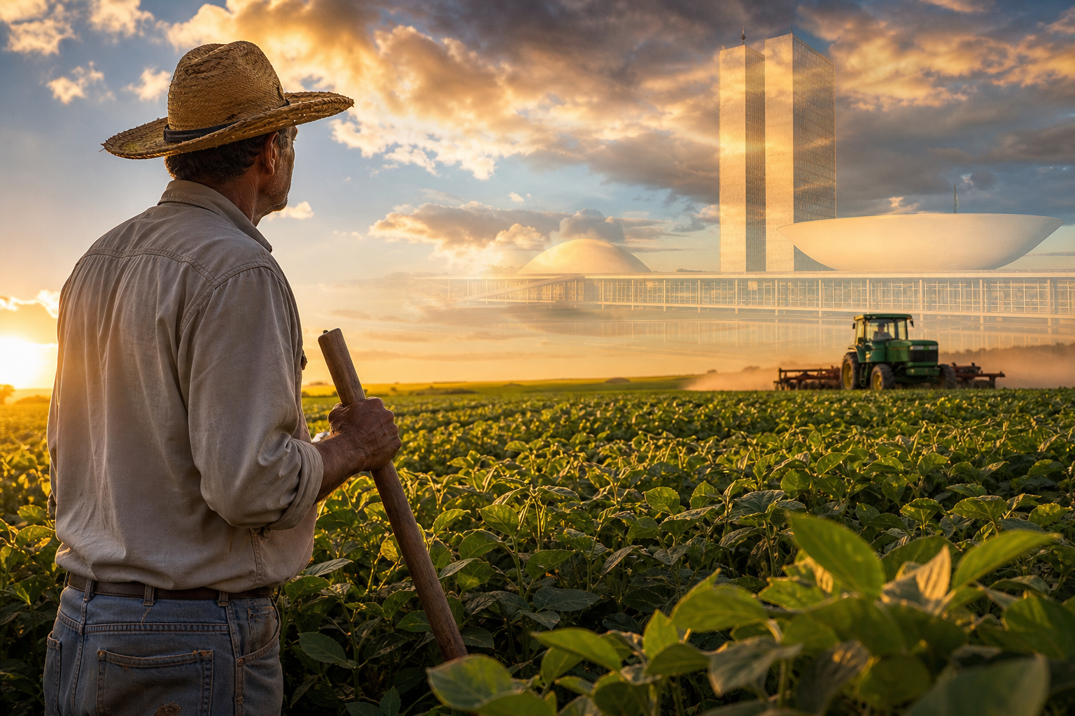 Trabalhador rural em lavoura com imagem do Congresso Nacional ao fundo