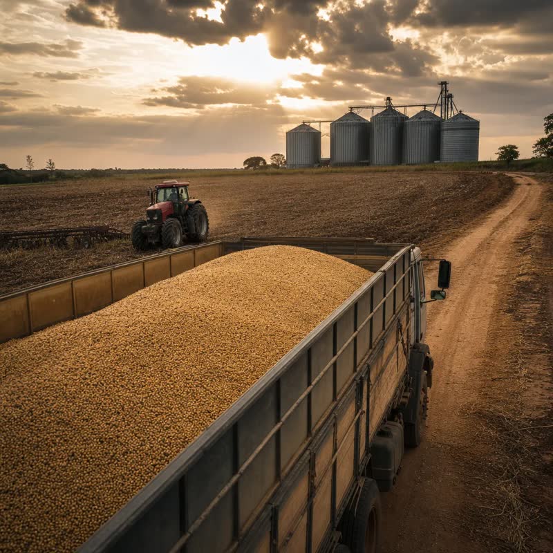 Caminhão carregado com grãos de soja em estrada de terra com trator e silos ao fundo, retratando o custo do diesel no escoamento da safra