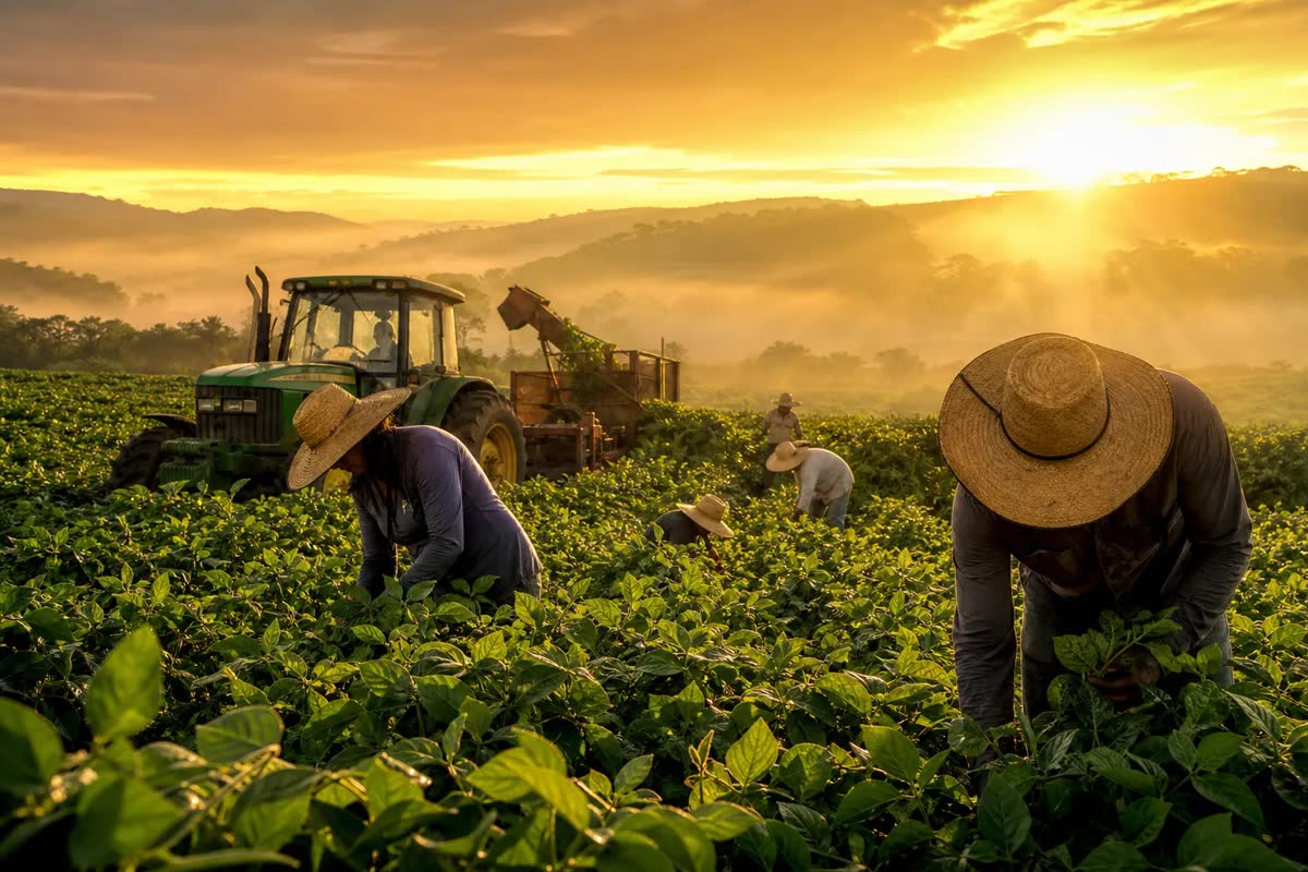 Trabalhadores rurais em lavoura com máquinas agrícolas ao fundo