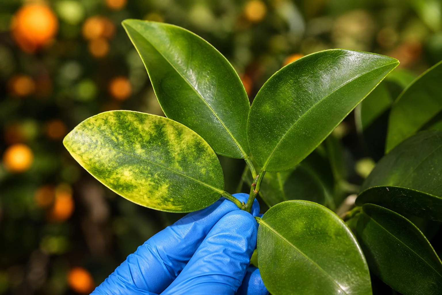 Folhas de citros em pomar monitorado contra greening
