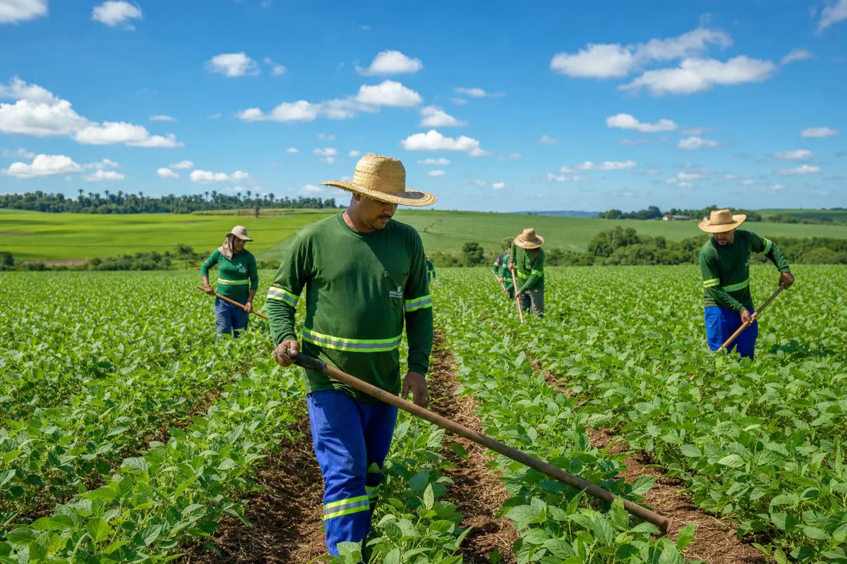 Trabalhadores rurais em atividade no campo durante a jornada de trabalho