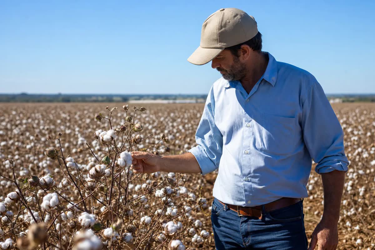Produtor rural inspeciona lavoura de algodao em estagio de maturacao em Mato Grosso