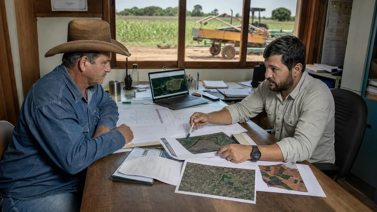 Produtor rural analisa documentos ambientais em escritório de fazenda para liberação de crédito