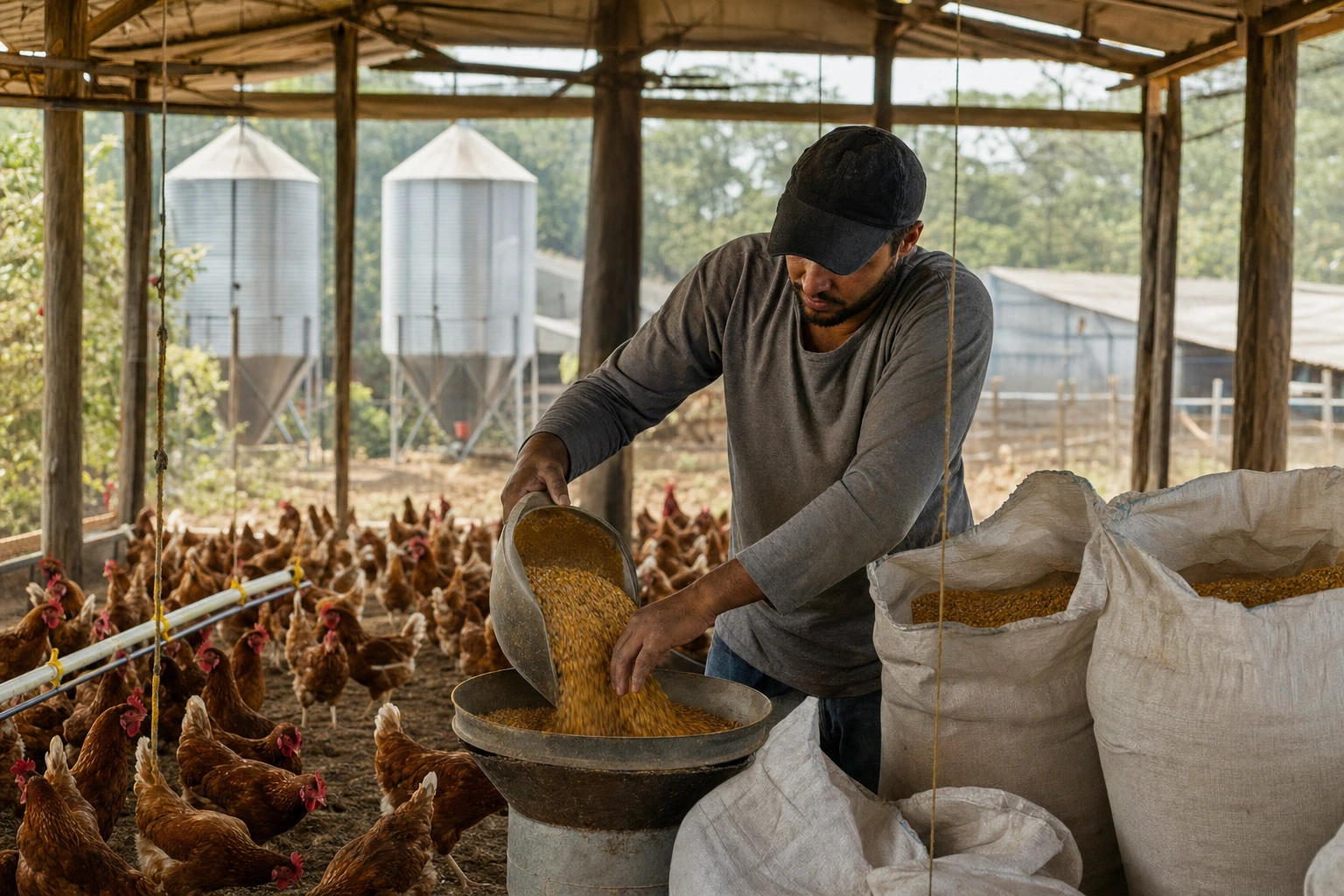 Trabalhador manuseando ração de milho em granja de frango no Centro-Oeste