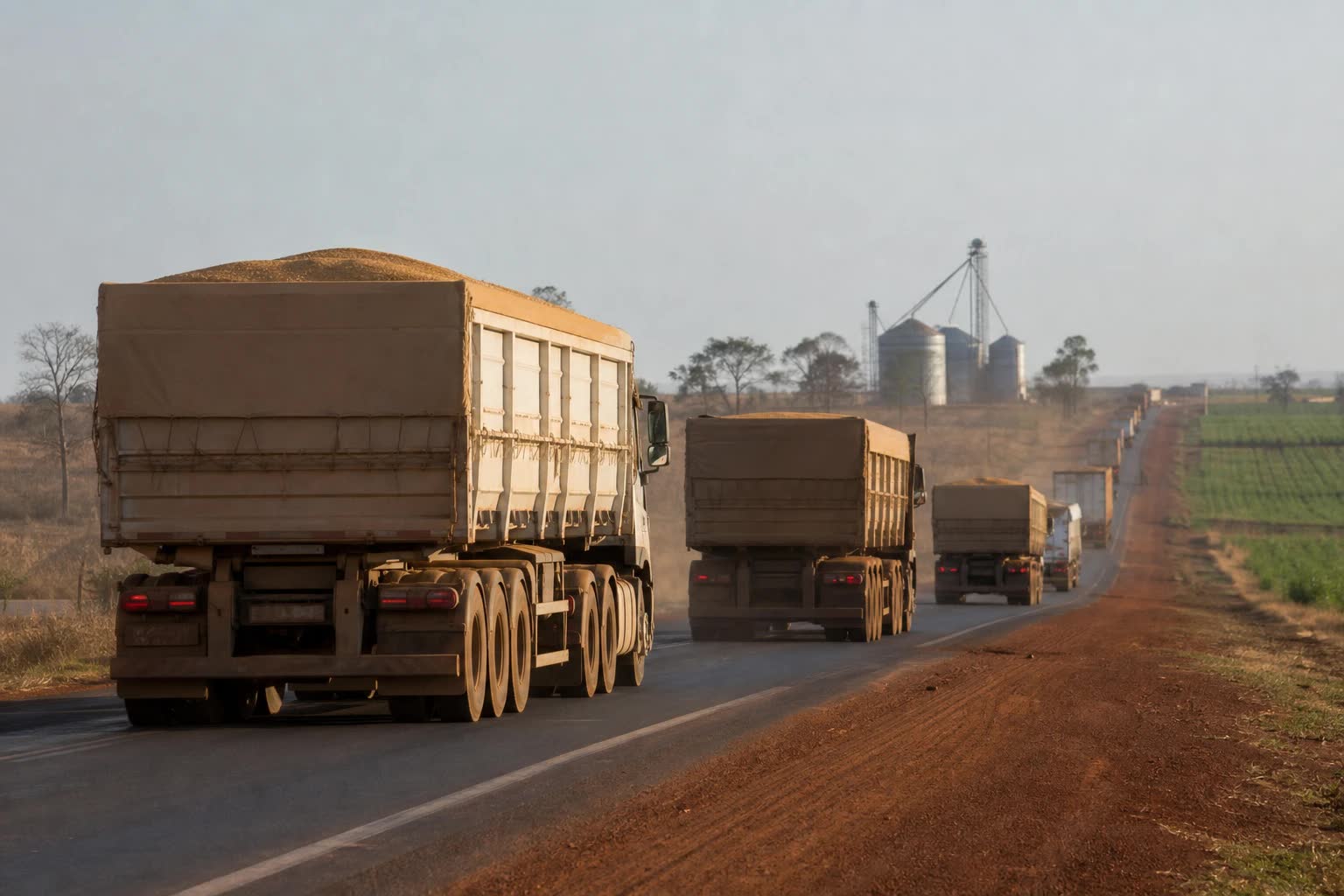 Caminhões transportando milho em Mato Grosso durante o escoamento da safrinha