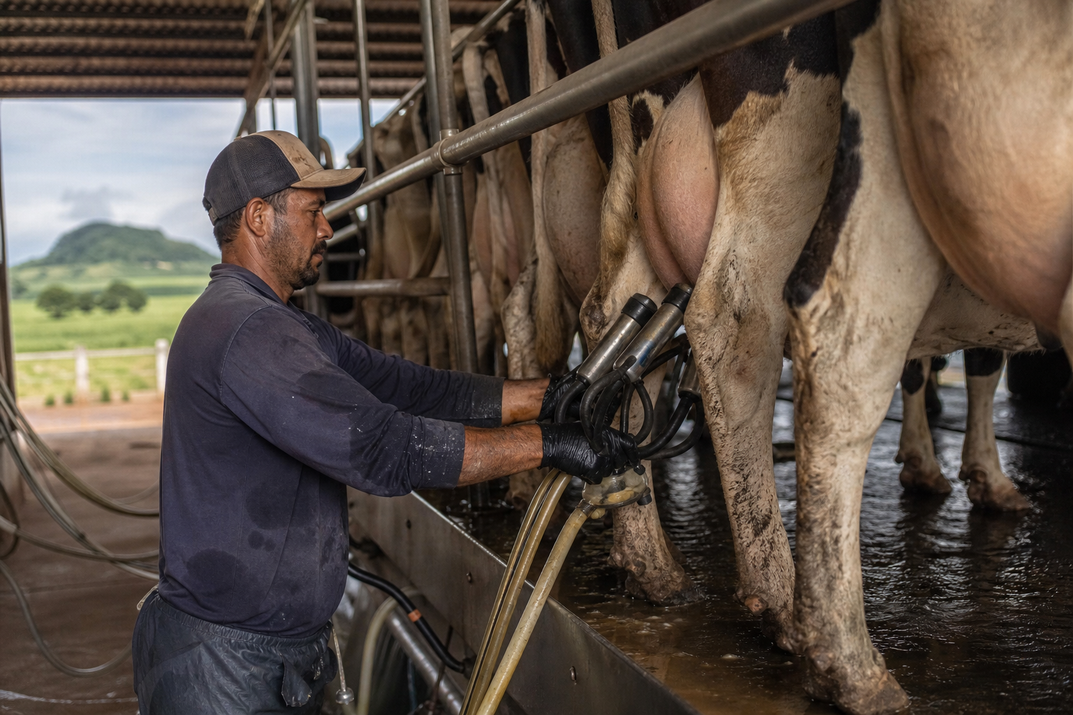 Ordenha mecanizada em fazenda leiteira no Mato Grosso com gado nelore durante o final da tarde