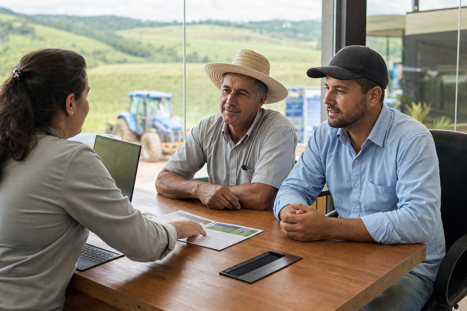 Produtor rural em reuniao com consultor de credito agricola em escritorio de cooperativa no Mato Grosso