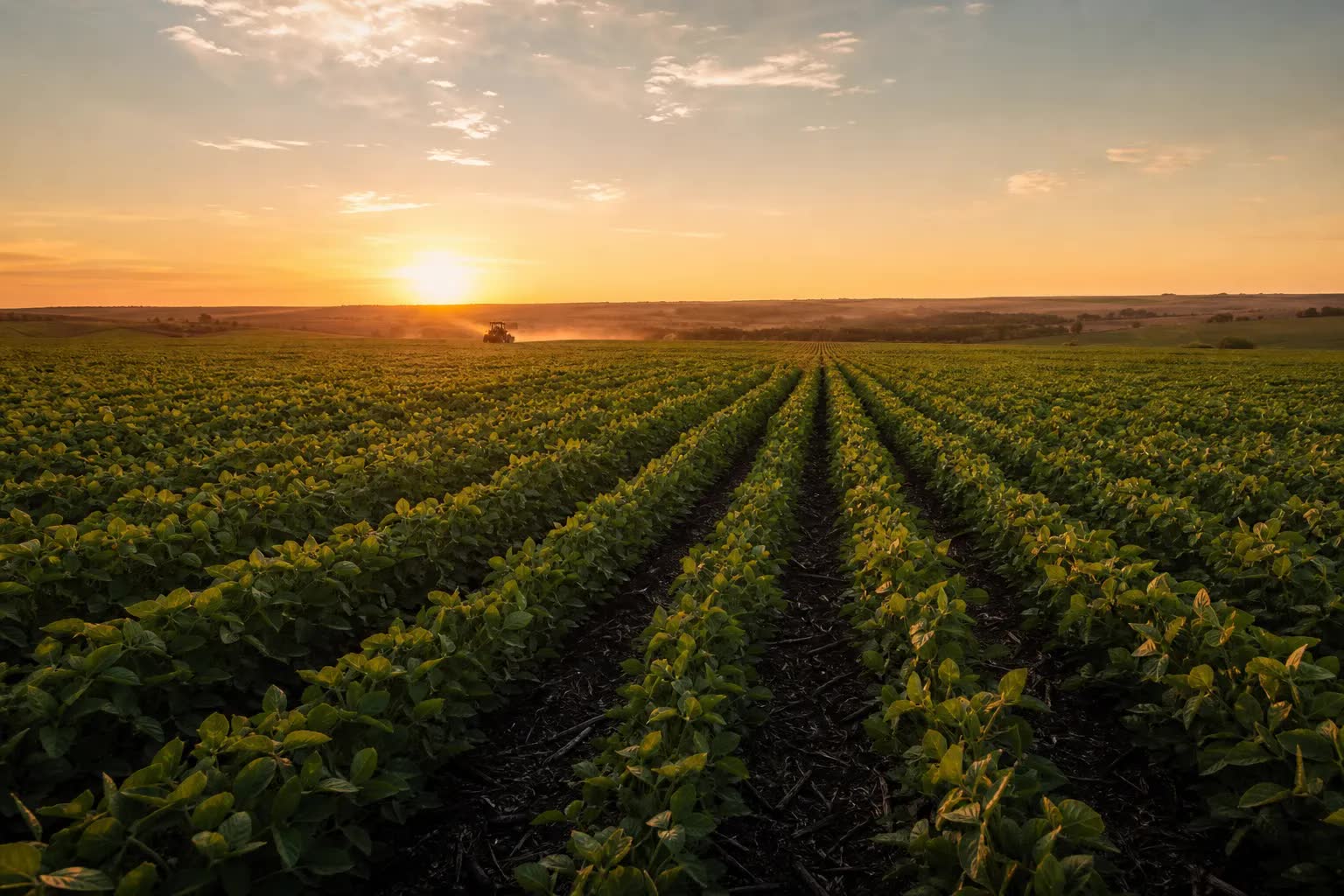 Plantação de soja em Mato Grosso ao entardecer com maquinário agrícola no horizonte