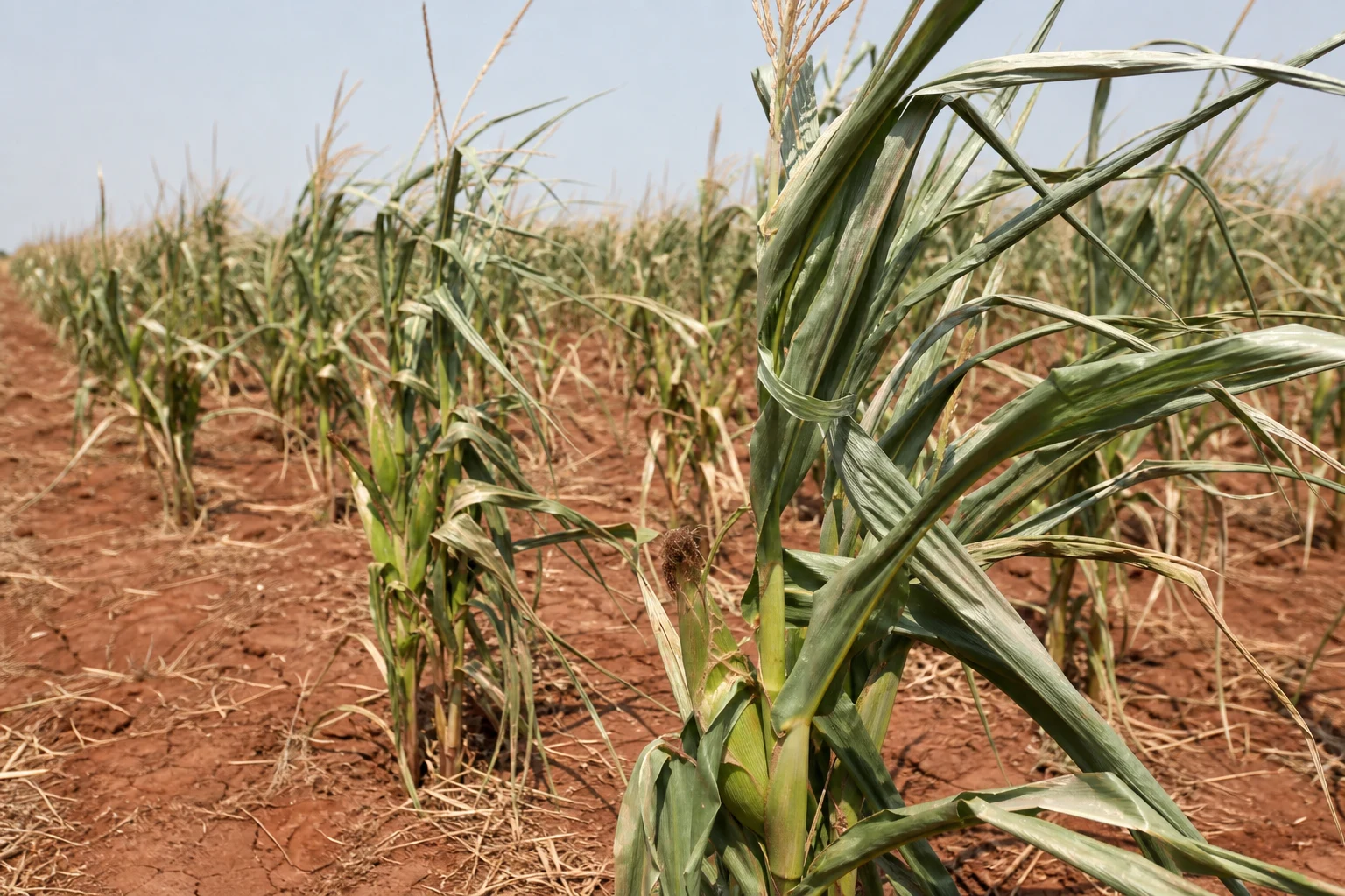 Milho safrinha em solo seco sob calor durante previsão do tempo agrícola