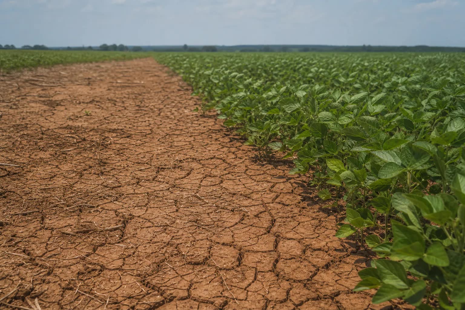 Área agrícola em Mato Grosso com solo seco ao lado de plantação verde durante incerteza climática